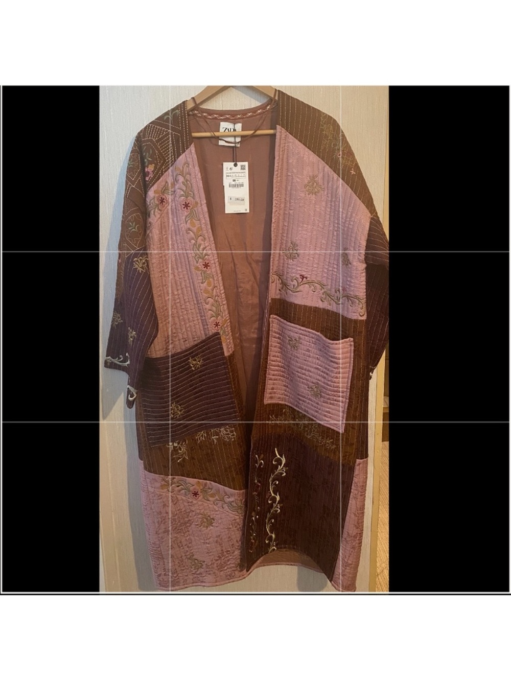 ZARA Pink & Brown Embroidered Patchwork Long Robe - Picture 5 of 6